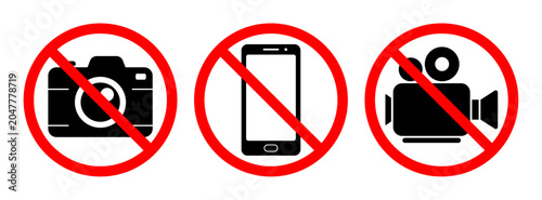 No camera, photo and video recording prohibition sign set, Photography and videography restricted symbols for workplace, security and public facilities, Vector illustration.