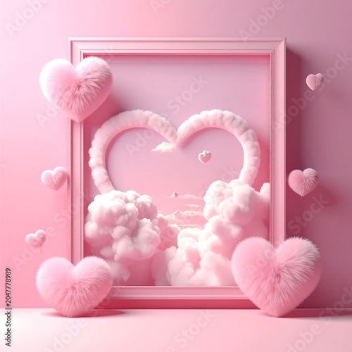 A pink frame with heart-shaped clouds and fluffy hearts
