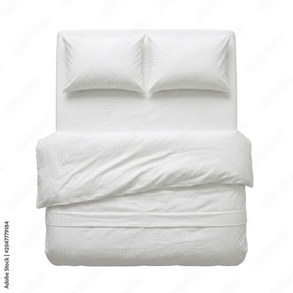 Fototapeta premium Top view of single bed with white linens and pillow on transparent background PNG image
