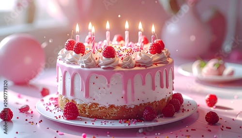 A pink frosted cake with lit candles and raspberries on top