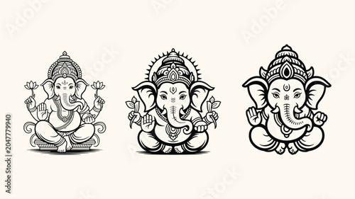 Quadro su tela Set of three black and white line art illustrations of ganesha lord seated in meditative pose