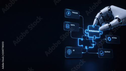 robotic hand assembling puzzle pieces for data integration and automation process