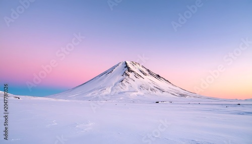 Snow-covered mountain peak silhouetted against a pastel-colored sky over a frozen landscape