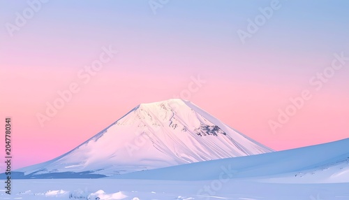 Snowy mountain under a pastel sky; snow-covered foreground; soft, diffused light