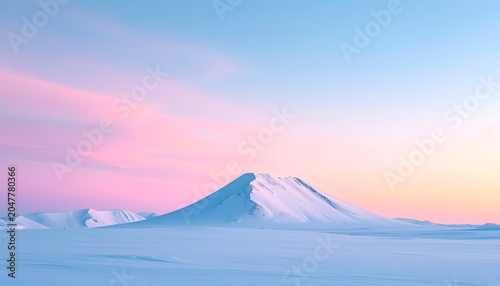 Snowy mountain peak under a soft, pastel-colored sky, surrounded by white landscape