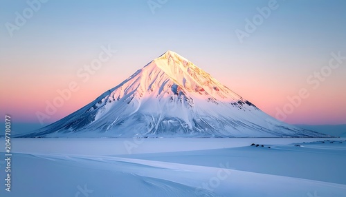 Majestic snow-capped mountain bathed in soft light, over a snowy plain