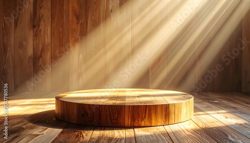 A spotlight illuminates a wooden platform within a warm, wood-paneled room