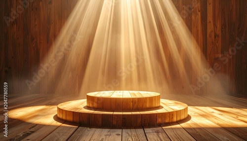 Wooden stage illuminated by bright, angled light, casting dramatic shadows on wooden planks