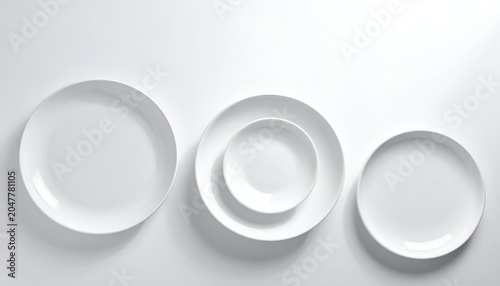 Overhead shot of white ceramic plates and bowls arranged on a white surface