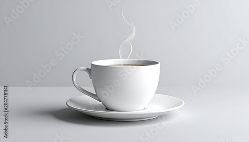 A white coffee cup on a saucer, with steam rising against a grey background