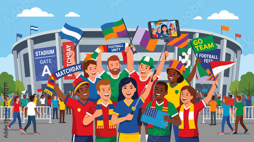 Diverse global football fans united in excitement outside a large stadium, anticipating the thrill of the world cup tournament