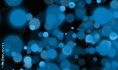 Fotografie Abstract blue light bokeh circles floating in the dark night creating a soft glo