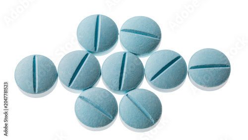 Bild auf Leinwand Group of blue round pills with score lines, isolated on transparent background