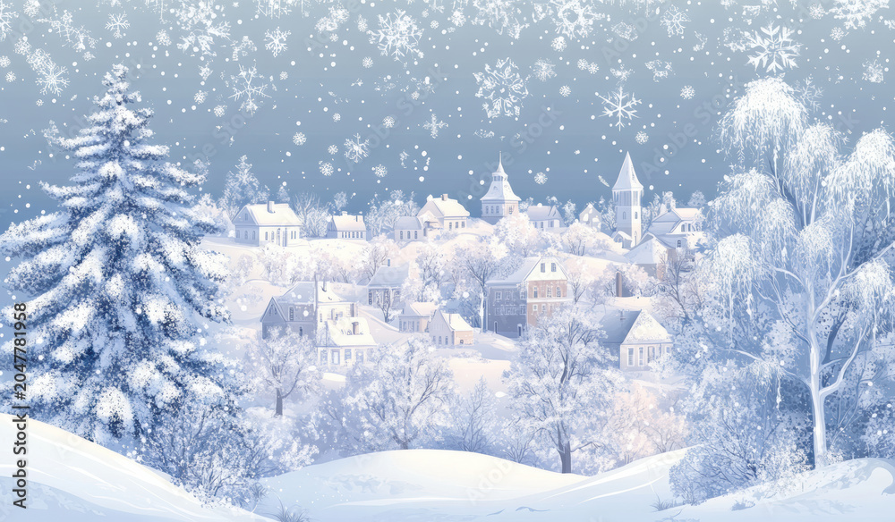 Fototapeta premium Winter village landscape with snow-covered houses and falling snowflakes in a serene atmosphere