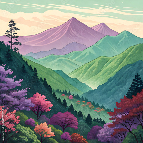 Japanese illustration of colorful mountains