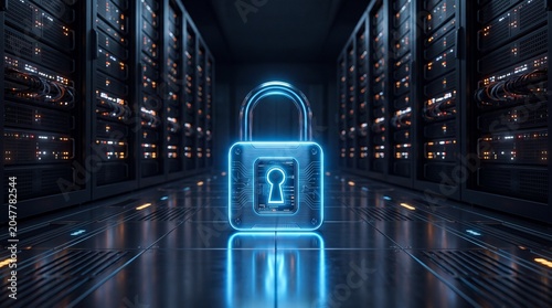Futuristic server room with glowing blue padlock and keyhole symbolizing cybersecurity and data protection in a high tech environment with rows of computer servers