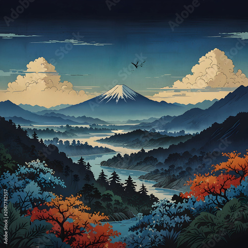 Japanese illustration of a blue sky and mountains