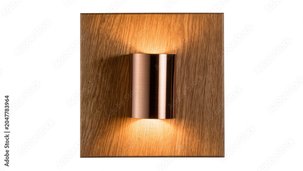 Naklejka premium Modern copper cylinder wall lamp emitting warm light, isolated on transparent background