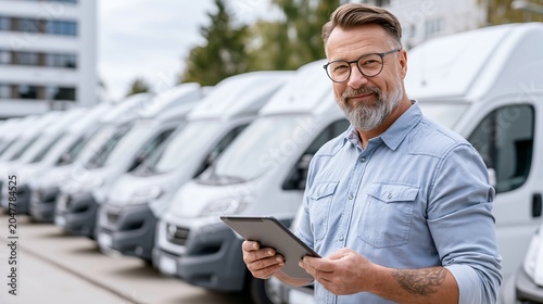 Man Checks Inventory of White Cargo Vans Outdoors as Fleet Manager Oversees Logistics and Vehicle Condition for Delivery Operations