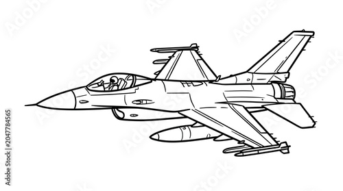 Bild auf Leinwand Line drawing of a military fighter jet with cockpit and missiles on a white background