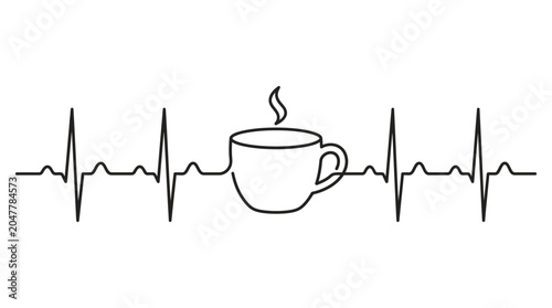 Fotografie Line drawing of a steaming coffee cup surrounded by a stylized ECG heartbeat line on a clean white background