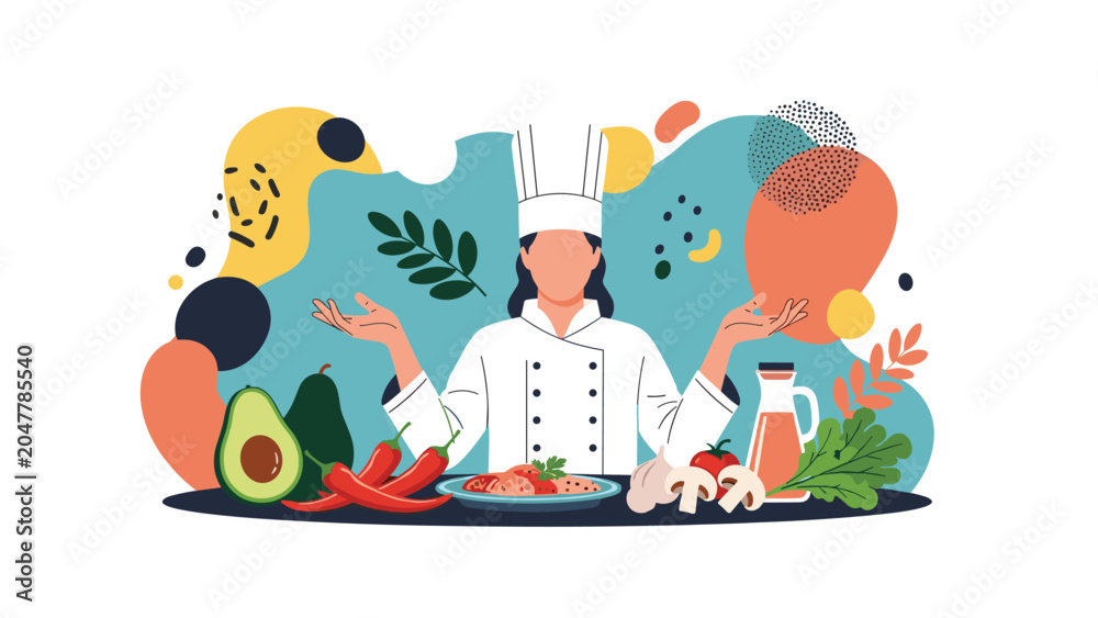Fototapeta premium Professional female chef in uniform presenting a variety of fresh ingredients including avocado, chili peppers, mushrooms, and olive oil.