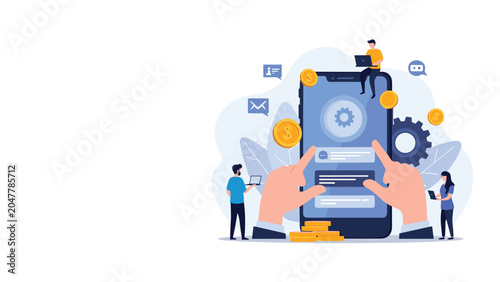 Mobile finance and business management concept showing hands using a smartphone surrounded by money icons and professional workers.