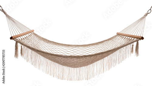 Tableau sur toile Woven rope hammock with wooden spreader bars and fringe, isolated on transparent