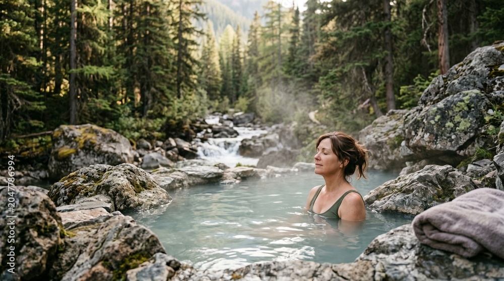 Fototapeta premium Woman relaxing in a natural hot spring surrounded by a lush forest and a flowing river, enjoying a peaceful moment