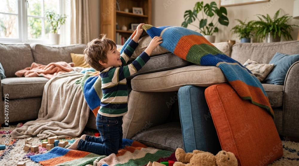 Obraz premium Young boy building a fort out of couch cushions and blankets in a cozy living room with toys scattered around