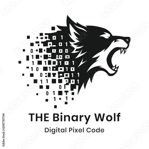 Minimalist Cyber Wolf Logo Vector with Digital Binary Pixel Code