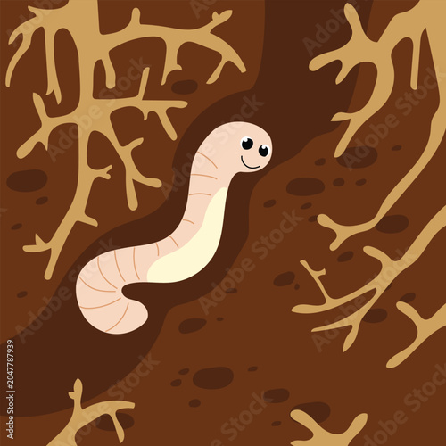 Cute cartoon earthworm crawling underground through dirt and plant roots. Cute children's character.