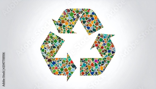 A recycling symbol made of various colorful plastic objects on a gray background