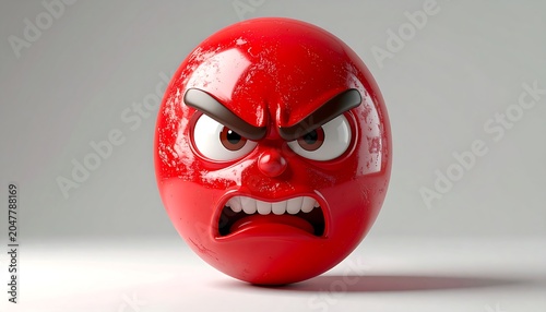A red 3D cartoon face with an angry expression