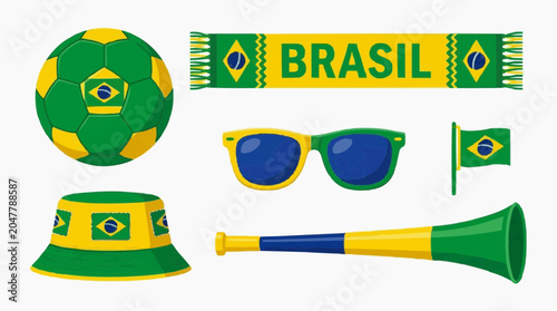 Brazilian Football Fan Accessories Including Soccer Ball Scarf Hat Sunglasses Flag and Vuvuzela