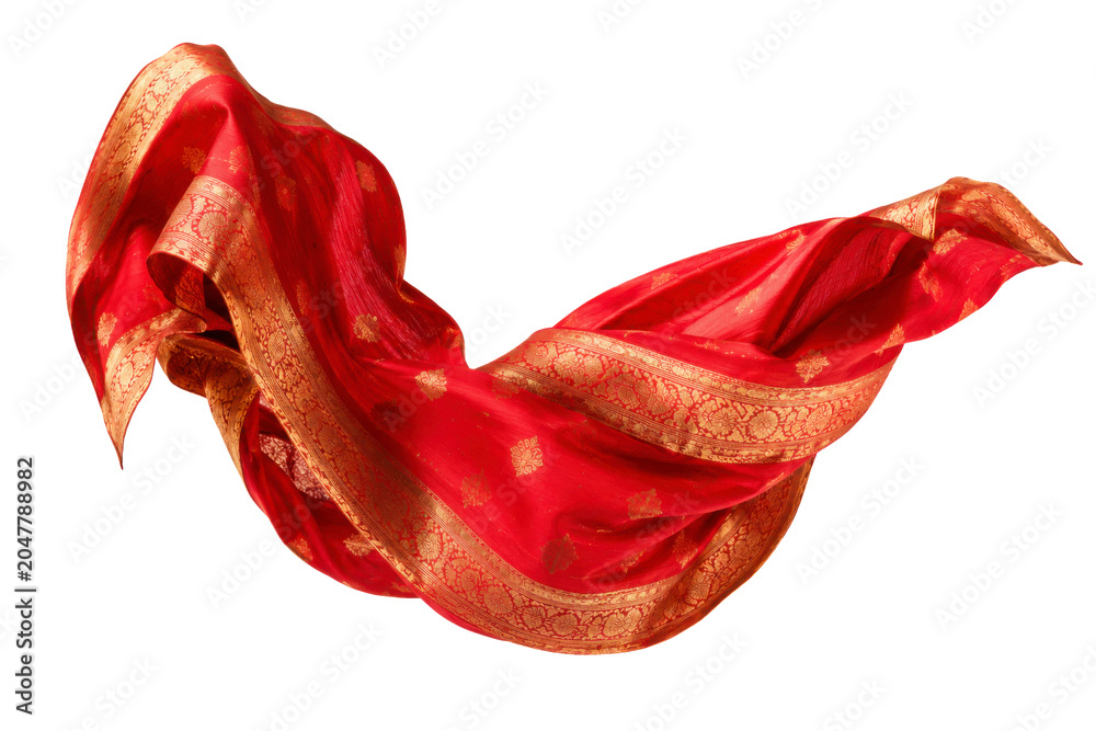 Fototapeta premium Flowing Red Silk Fabric Isolated Luxurious Elegant Textile