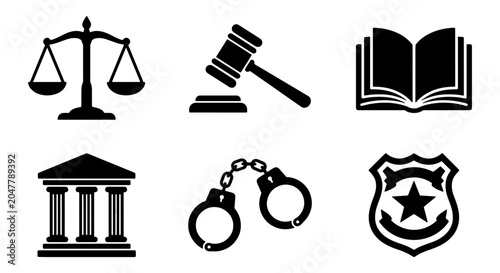 Foto Justice and Law Icons: Scales of Justice, Gavel, Open Book, Courthouse, Handcuff