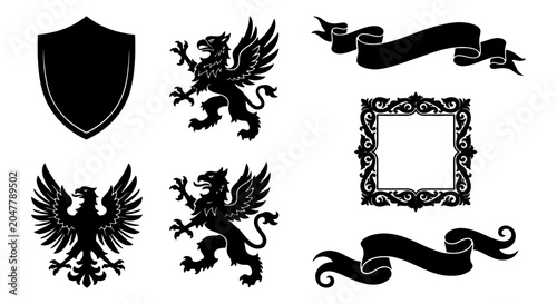Foto Heraldic Vector Icons Set: Griffin, Eagle, Shield, Ornate Frame, Banners for Roy