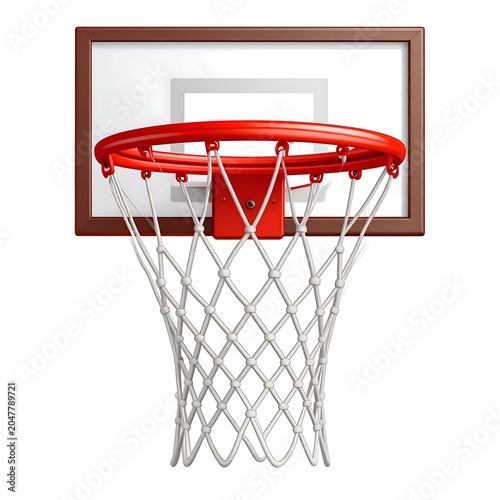 A red basketball hoop with white netting and a brown frame