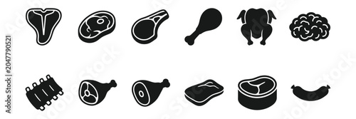 Quadro su tela Black and white icons of various types of meat on a white background