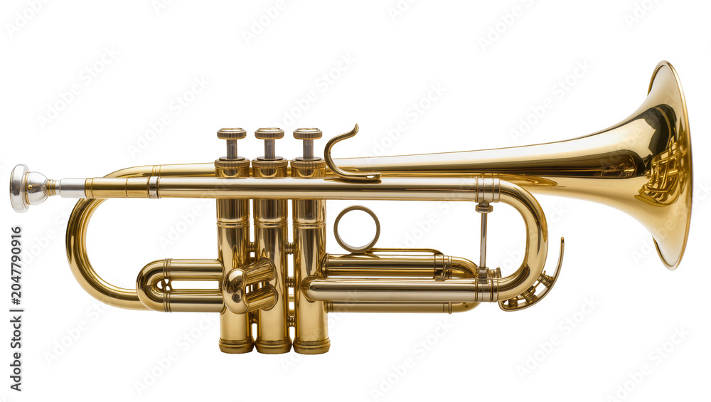 Fototapeta premium Shiny brass trumpet with three valves, isolated on transparent background