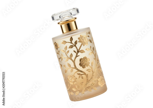 Elegant Gold Perfume Bottle with Floral Design Isolated on Transparent PNG – Luxury Beauty Cosmetics Clipart