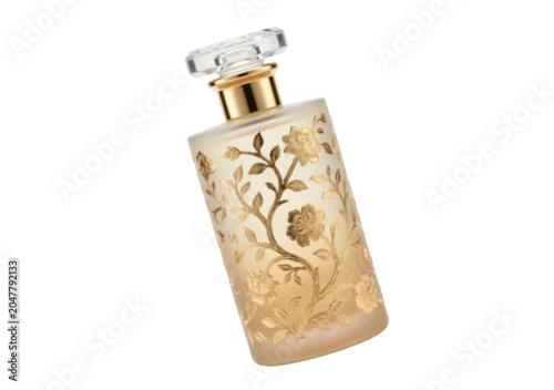 Obraz Elegant Gold Perfume Bottle with Floral Design Isolated on Transparent PNG – Luxury Beauty Cosmetics Clipart