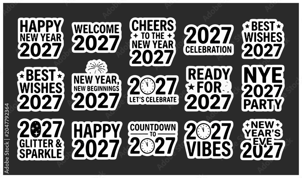 Obraz premium Collection of decorative 2027 new year labels and party stickers with stickers celebration greeting collection typography minimalist decorative countdown beginnings contrast calendar