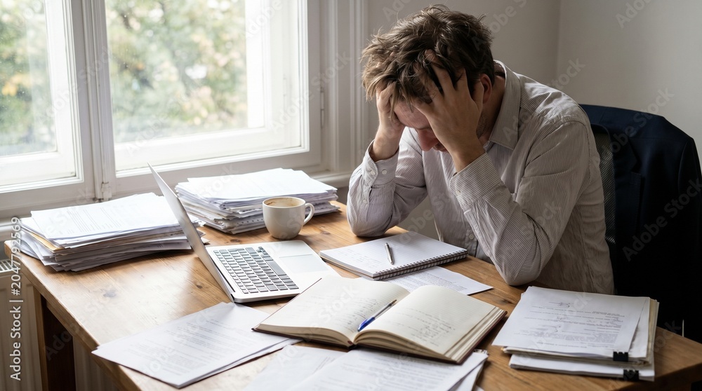 Obraz premium Overwhelmed person holding head in hands at a messy desk with laptop and paperwork representing mental health burnout, financial stress and heavy workload concept