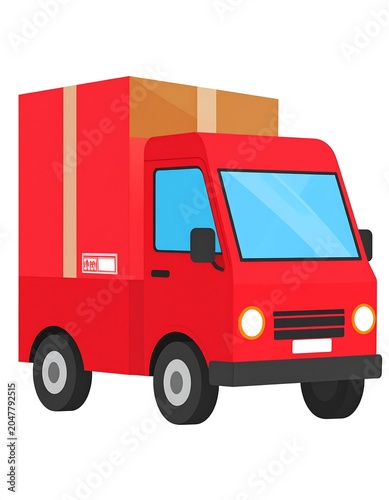 A red delivery truck with a large box on the back