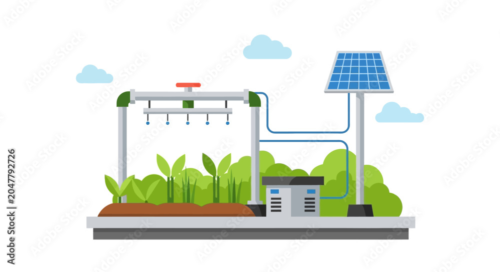 Obraz premium Solar-Powered Smart Irrigation System and Automated Agricultural Concept Vector Illustration for Sustainable Farming and Green Energy Solutions