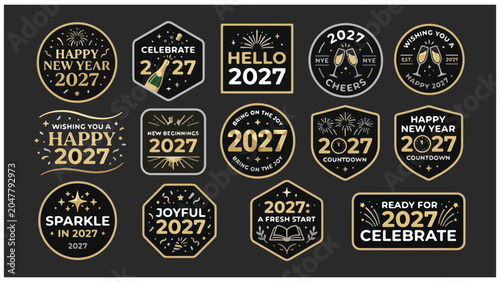 Set of gold and black 2027 new year celebration badges and labels with celebration stickers typography greeting elements collection champagne countdown resolution graphics decorative