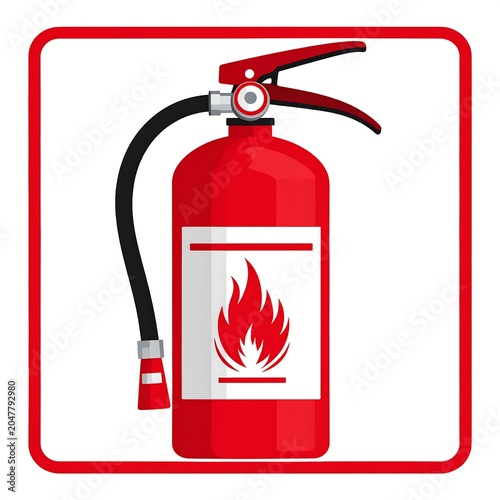 A red fire extinguisher icon with a white label and red flame