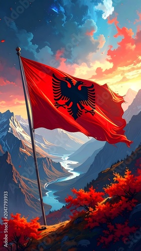 A red flag with a black emblem waves on a mountainous landscape at sunset